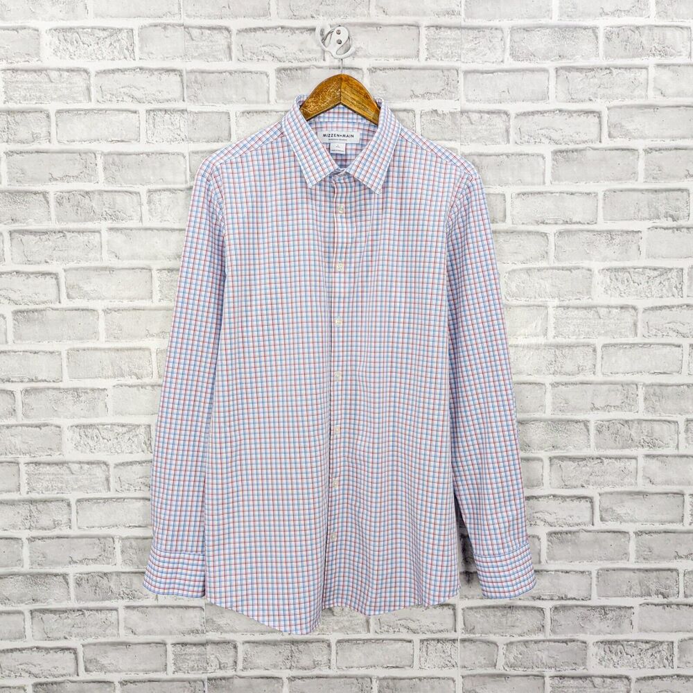 MIZZEN + MAIN Men's Trim fit Button up shirt blue red grid check size Large
